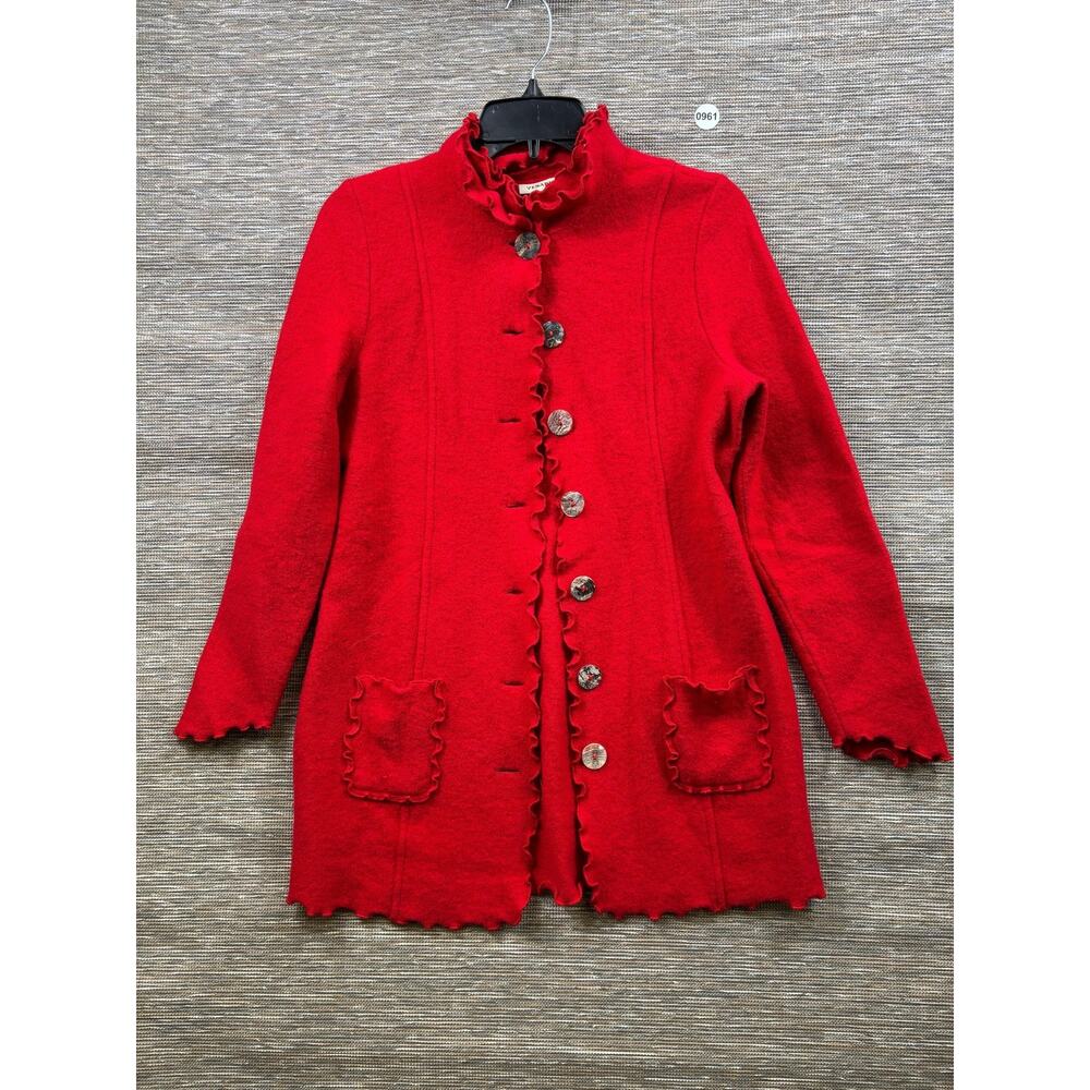 Venario Coat Womens L Red Wool Ruffle Trim Collared Single Breasted Pockets